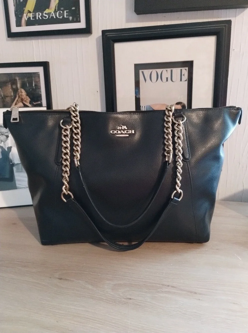 Coach Ava Black Leather Tote with Chain-Detail Straps